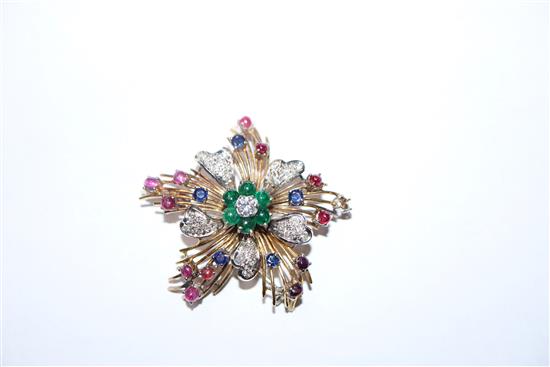 A 20th century Italian 750, diamond, ruby, sapphire and emerald set flower head brooch, 45mm.